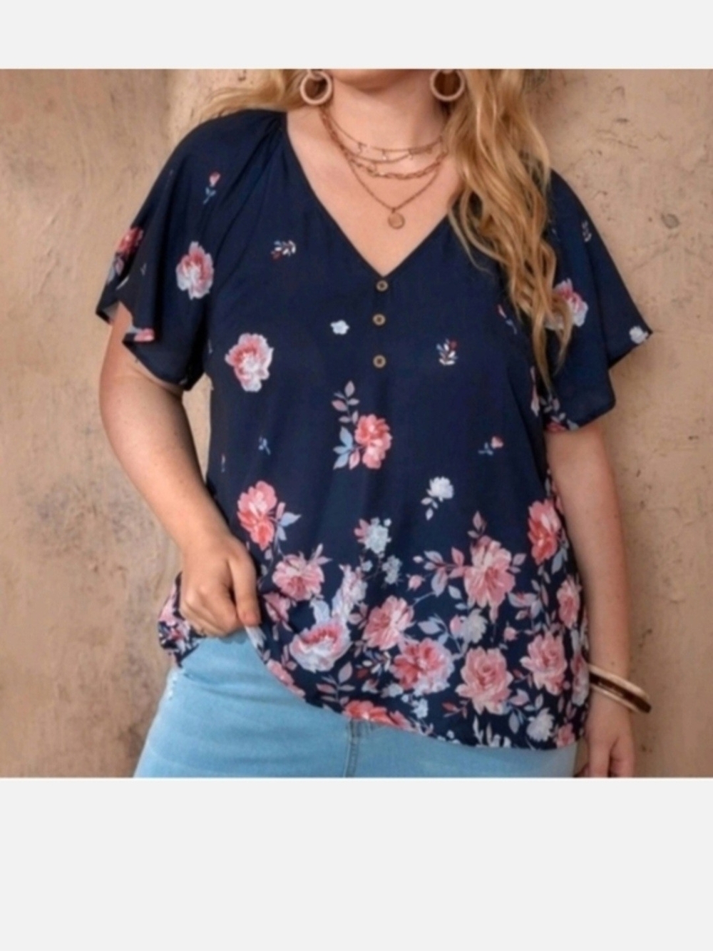 Navy Floral V-Neck Button Front Women's Top